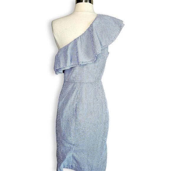 J. Crew One Shoulder Ruffle Seersucker Dress in blue size 10 NWT - Picture 8 of 15